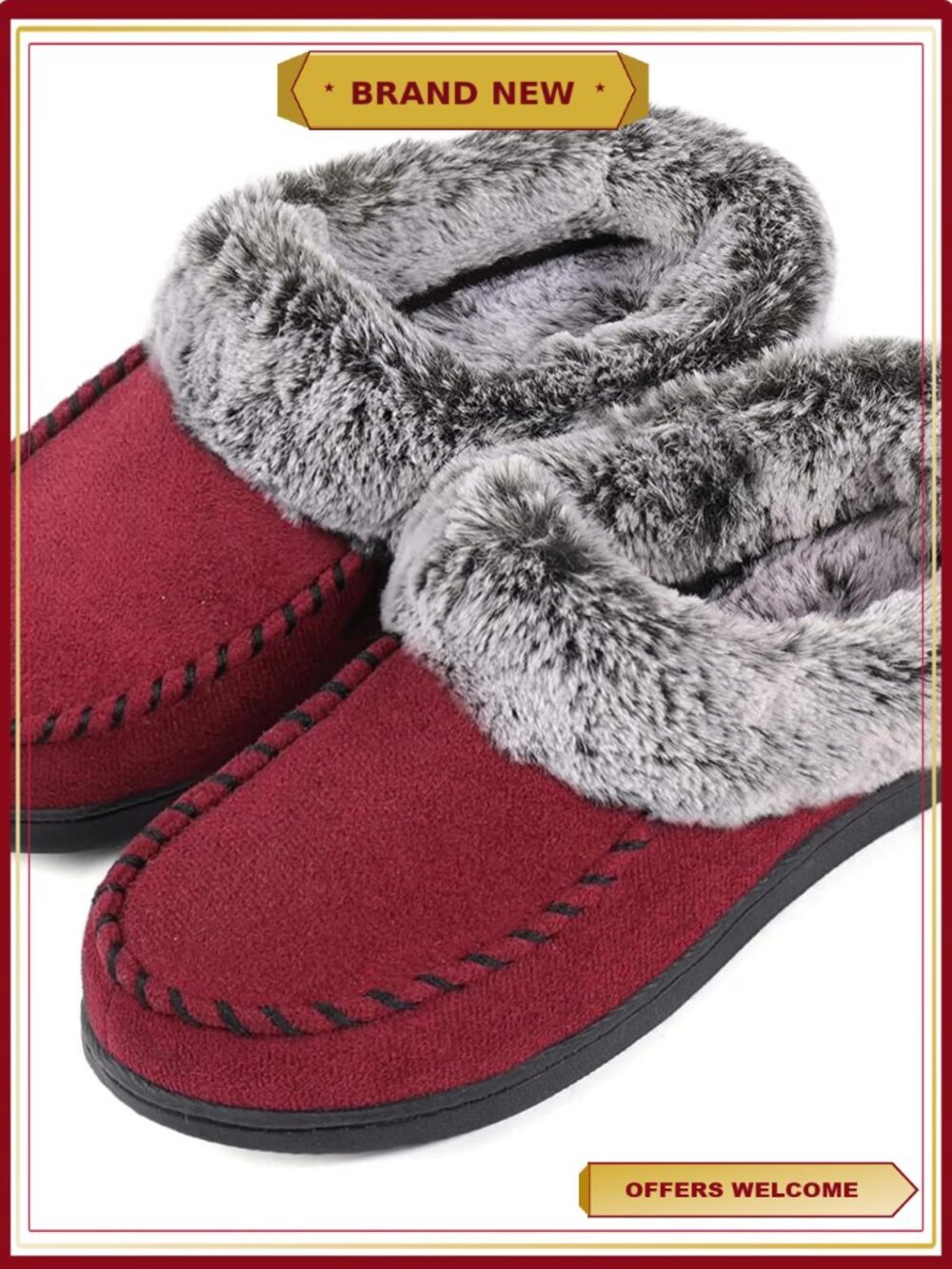 Faux Fur Collar Moc Toe Clog Slipper with Memory Foam Insole